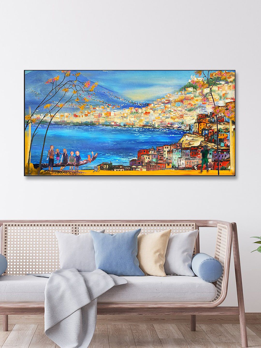 WALLMANTRA Blue & Yellow Painted Italian Landscape View Framed Wall Art Price in India