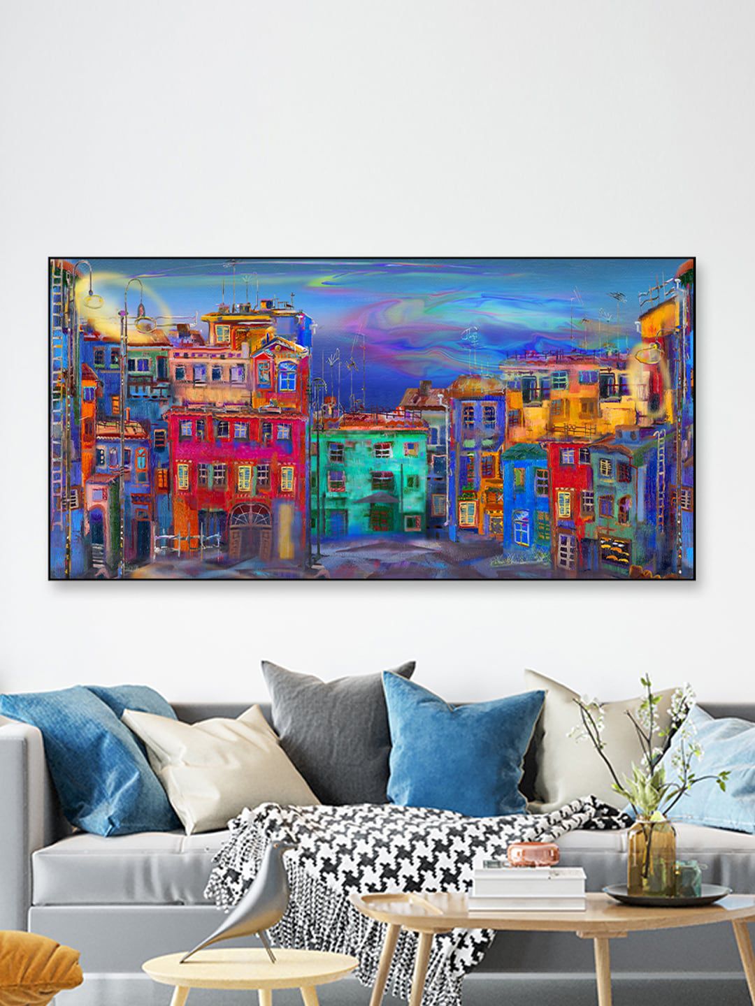 WALLMANTRA Multicoloured Vibrant Homes in Evening Street Framed Wall Art Price in India