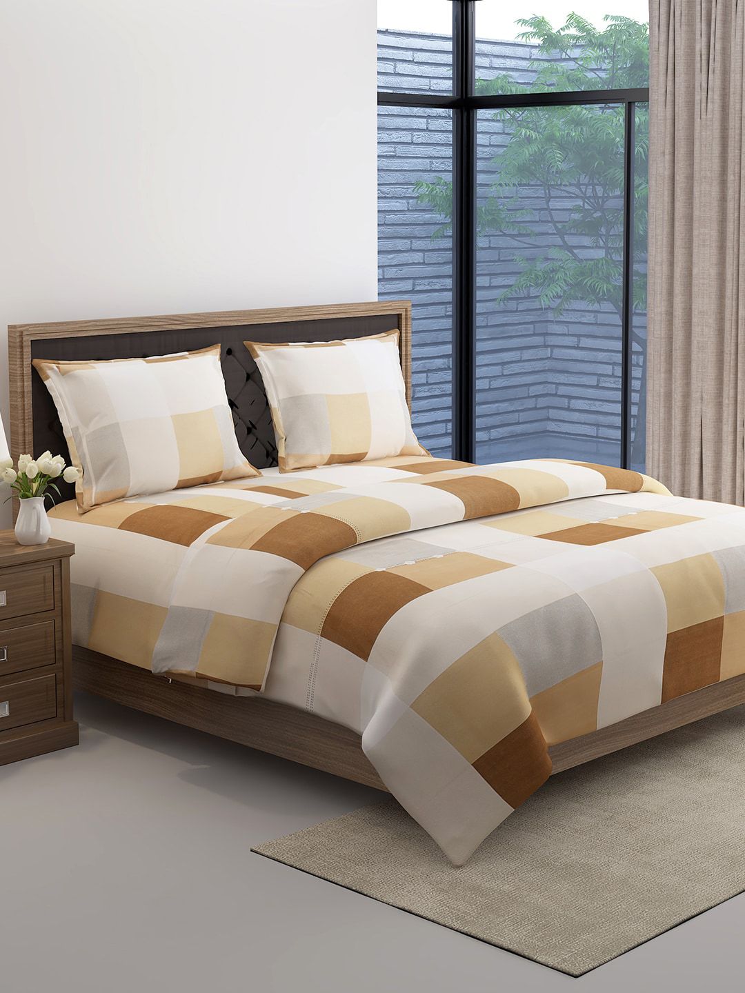 SWAYAM Beige & Orange Checked Bedding Set With Comforter Price in India