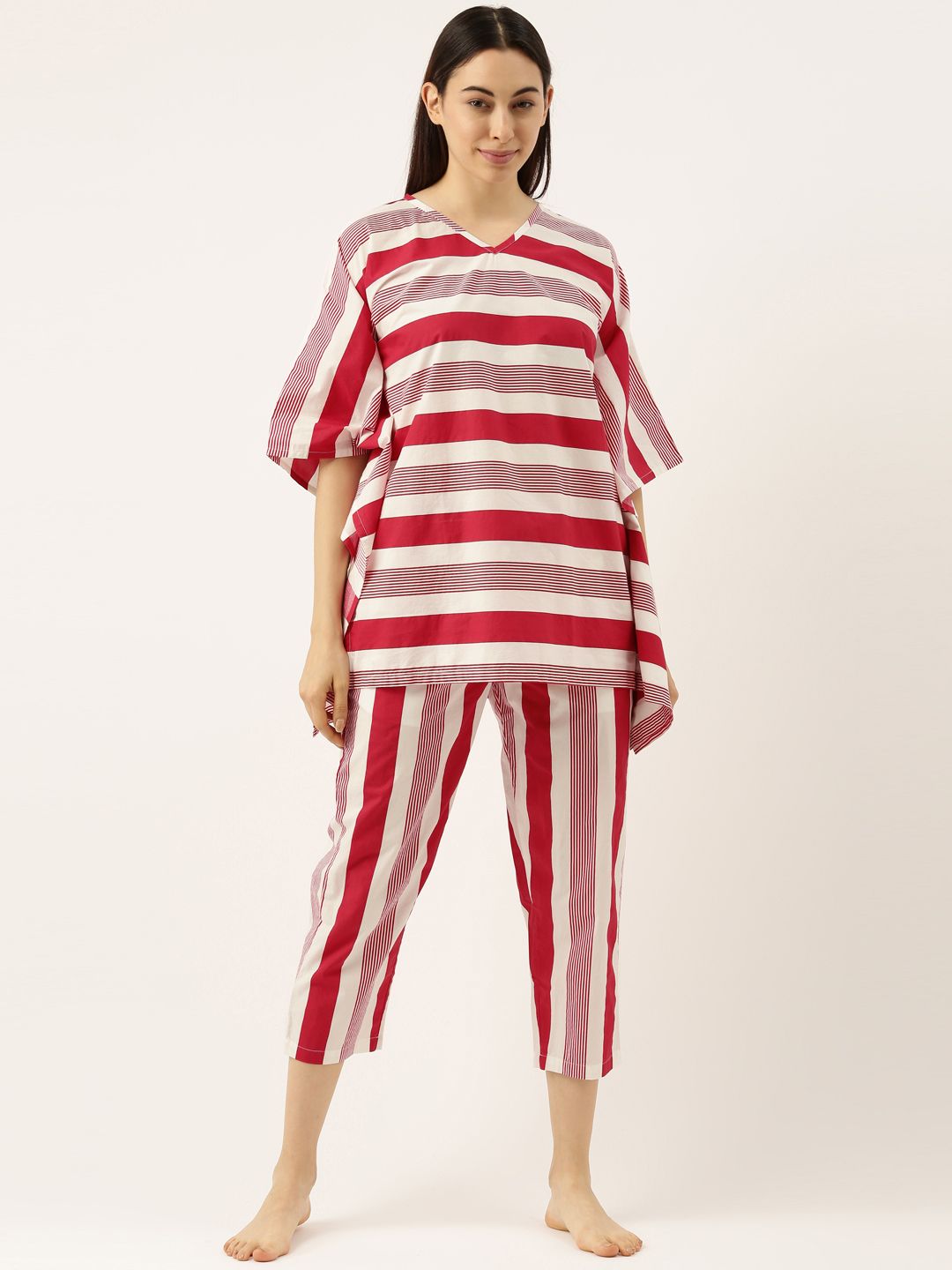 Clt.s Women Red & White Striped Kaftan Night suit Price in India