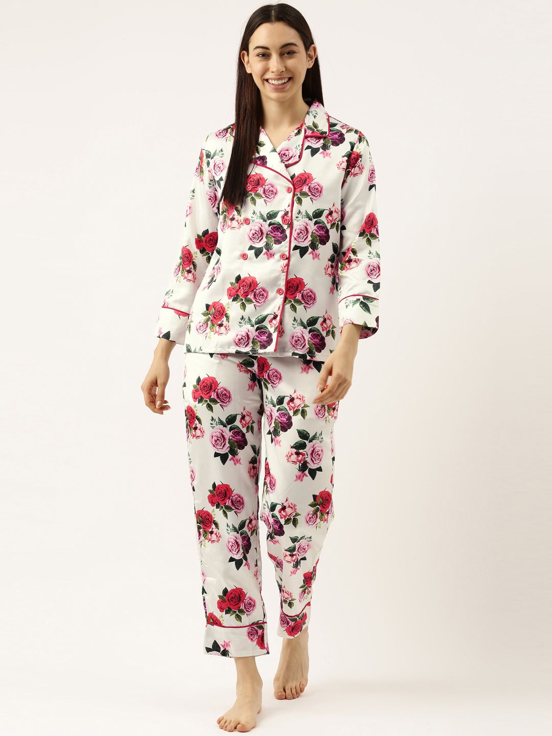 Clt.s Women White & Red Floral Printed Night suit Price in India