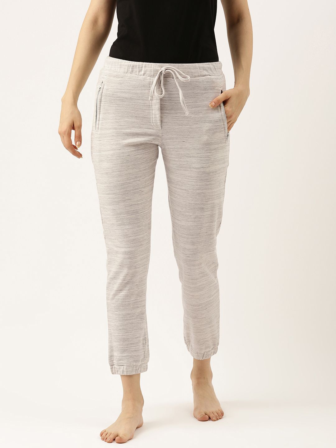 Clt.s Women Grey Melange Striped Slim Fit Cotton Lounge Joggers Price in India