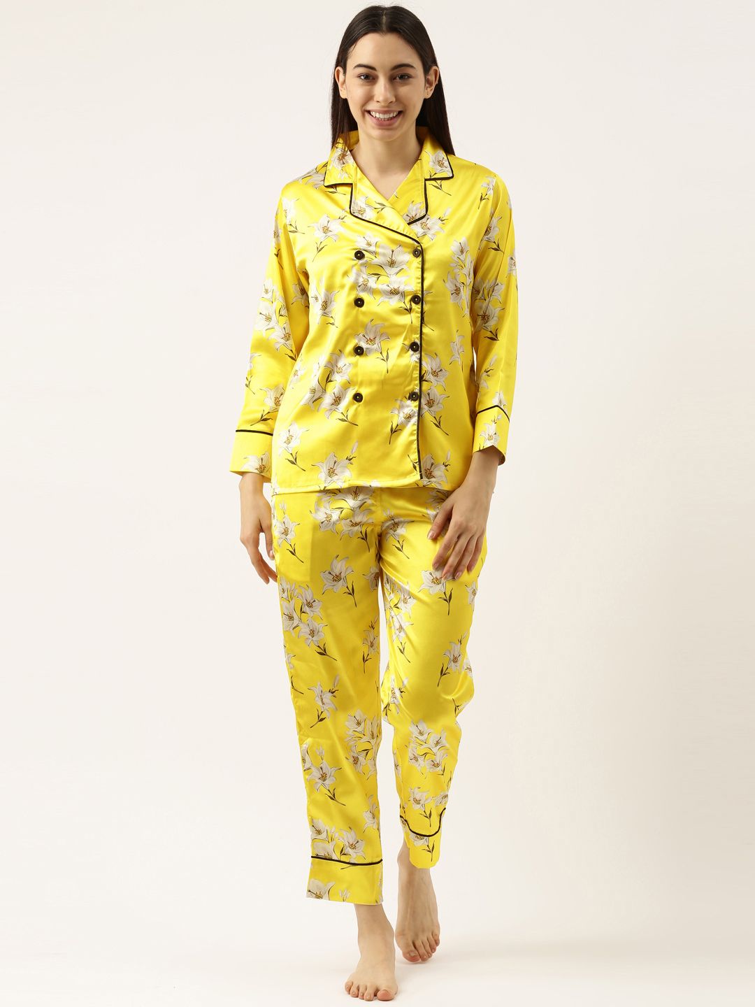 Clt s Women Yellow & White Floral Printed Night suit Price in India