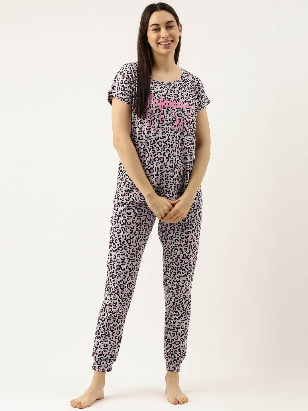 Clt.s Women Grey Melange & Pink Animal Printed Pure Cotton Night suit Price in India