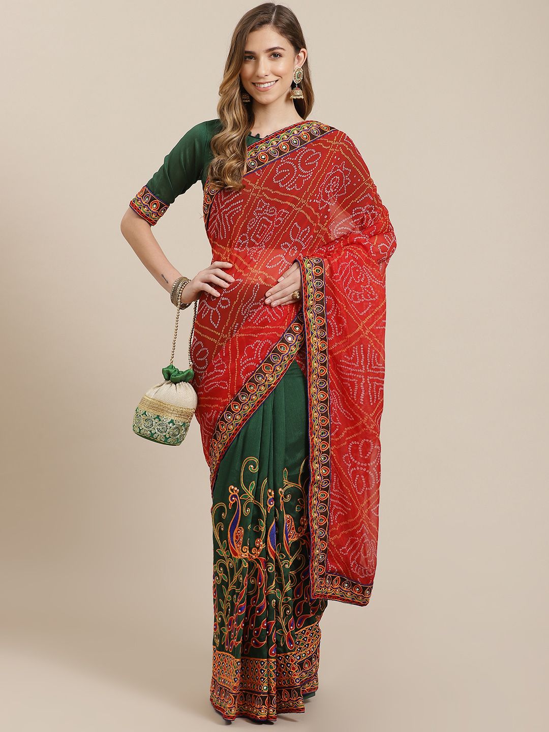 Mitera Green & Red Embroidered Bandhani Saree With Mirror Work Price in India