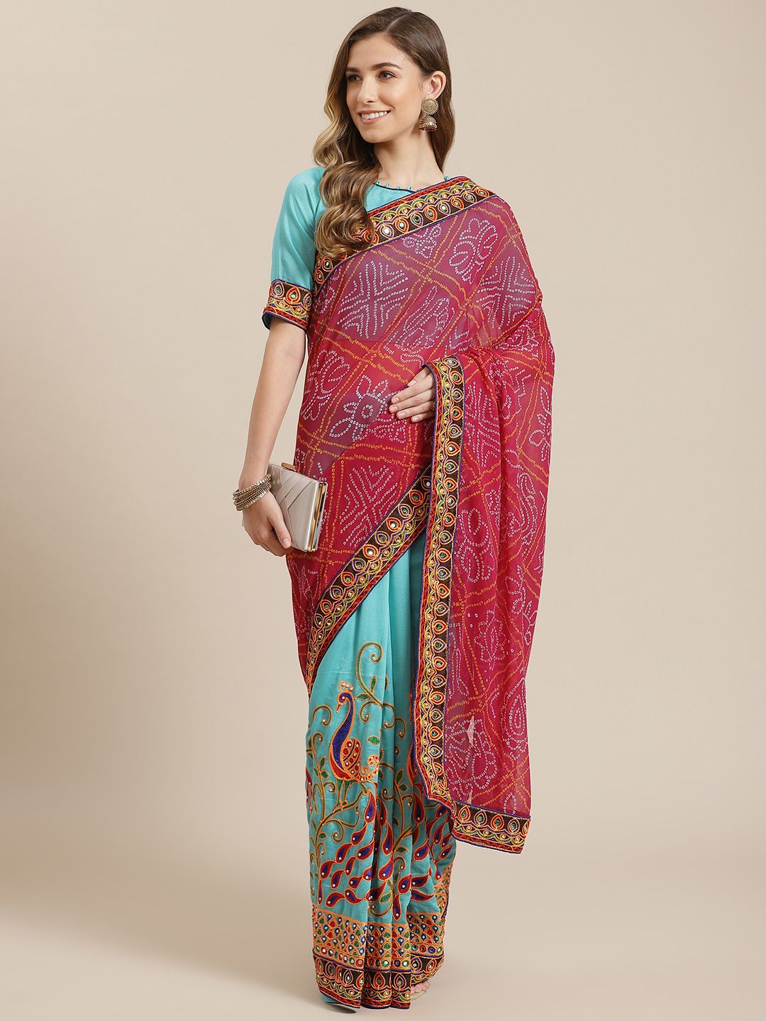 Mitera Blue Embellished Embroidered Ready to Wear Bandhani Saree
