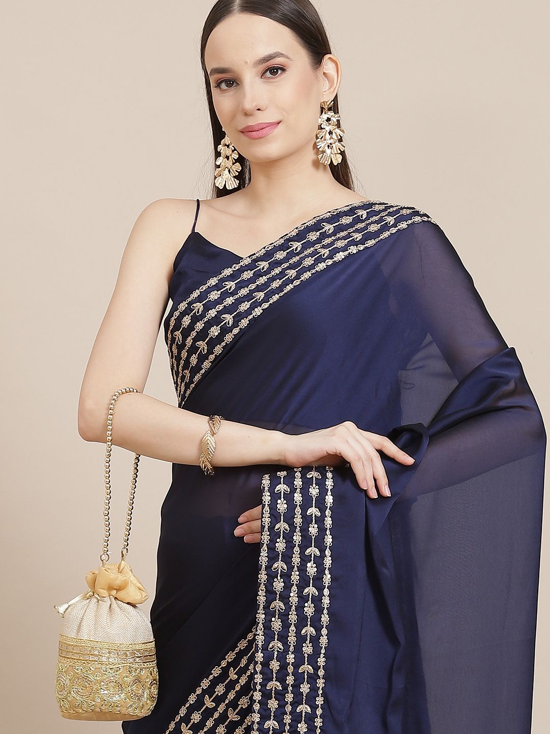 Inddus Navy Blue & Golden Solid Saree