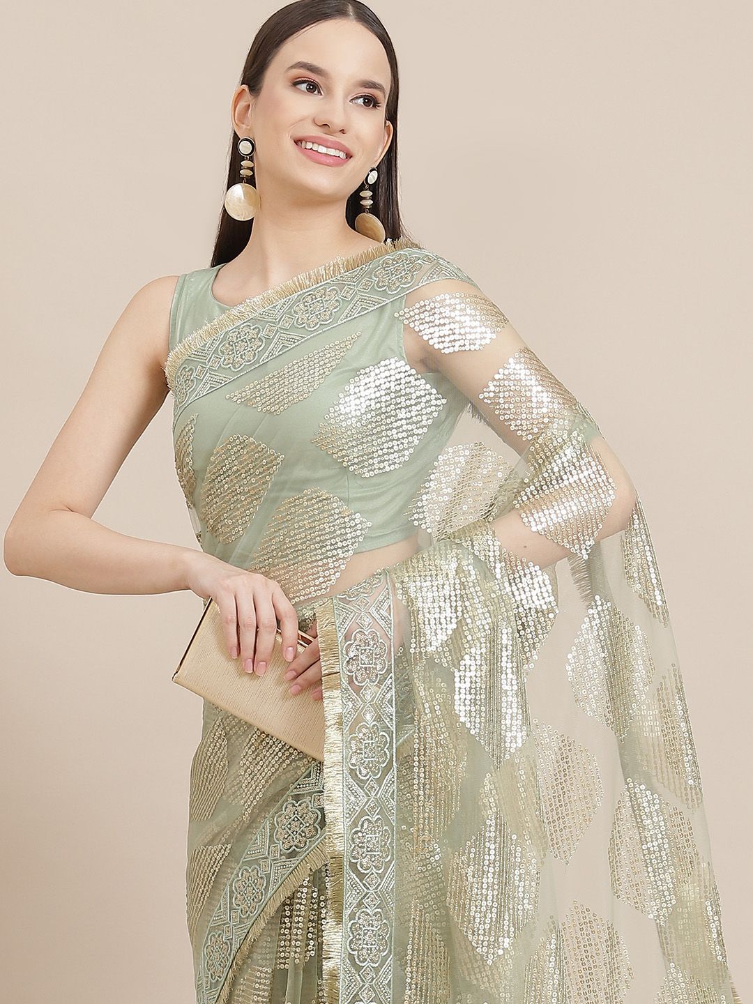 Inddus Green & Golden Sequinned Net Saree Price in India