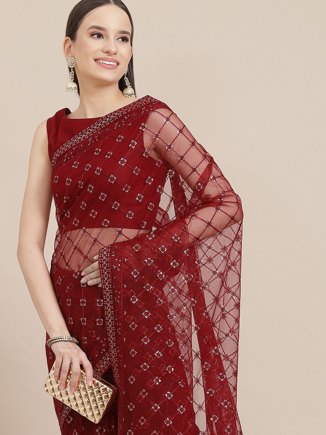 Inddus Maroon Ethnic Motifs Sequinned Net Saree