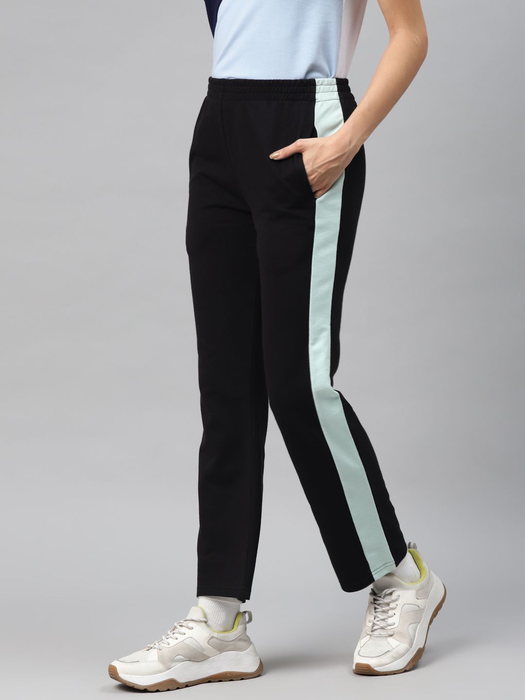 Laabha Women Black Solid Track Pants with Side Strip Price in India