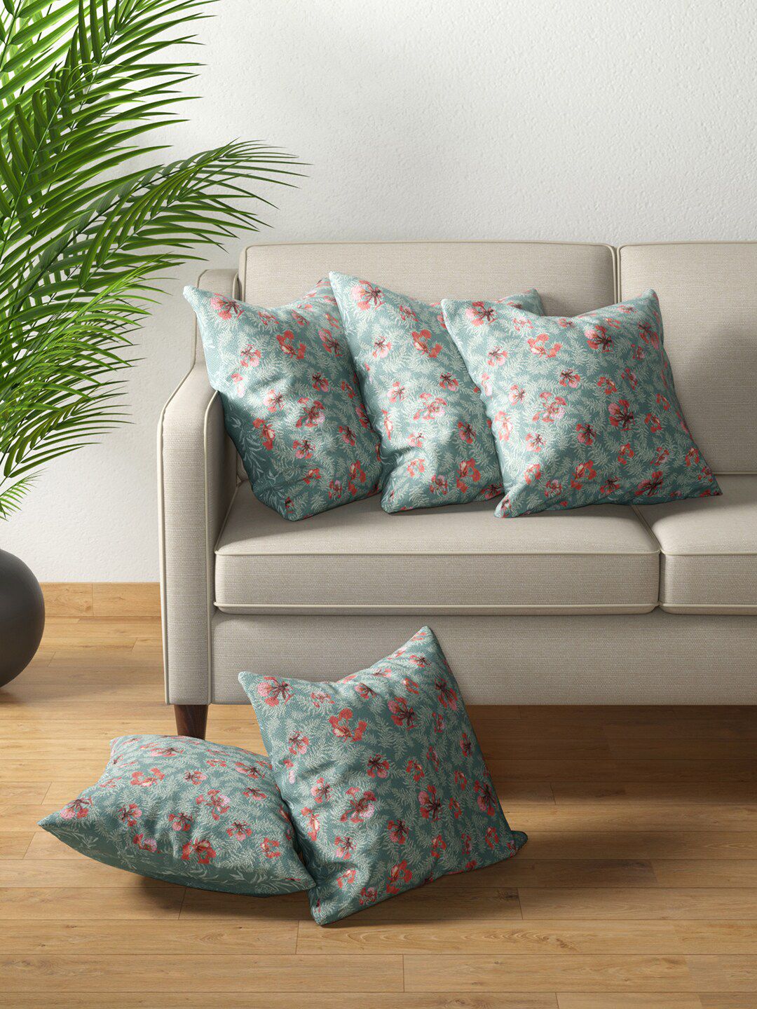 PETAL HOME Teal & White Set of 5 Floral Square Cushion Covers Price in India
