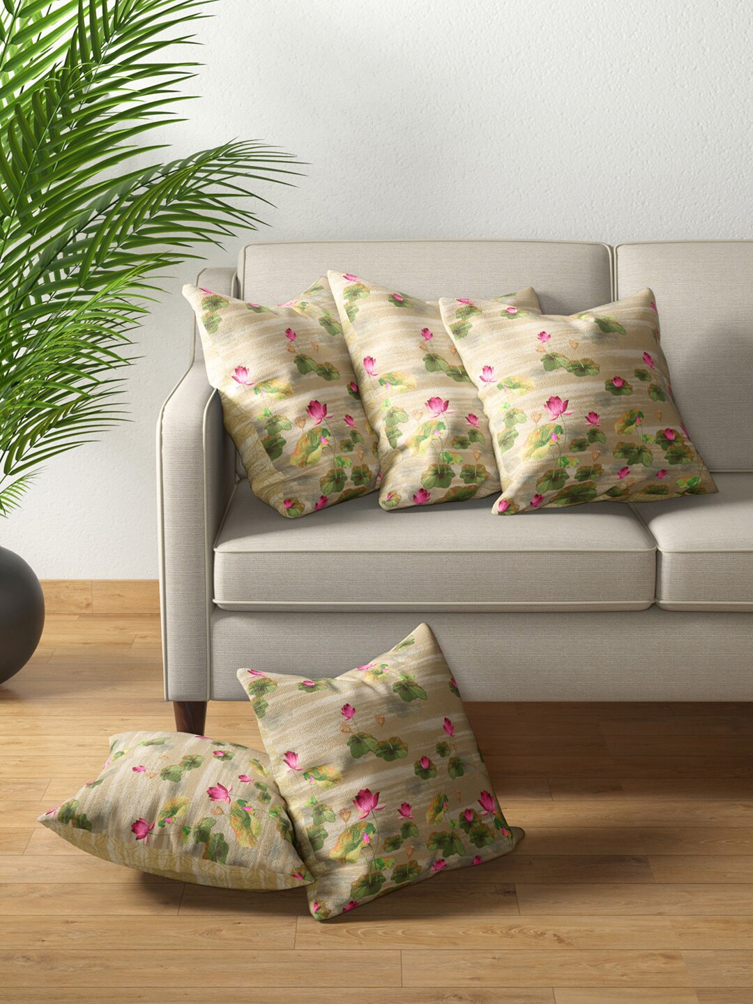 PETAL HOME Beige & Purple Set of 5 Floral Square Cushion Covers Price in India