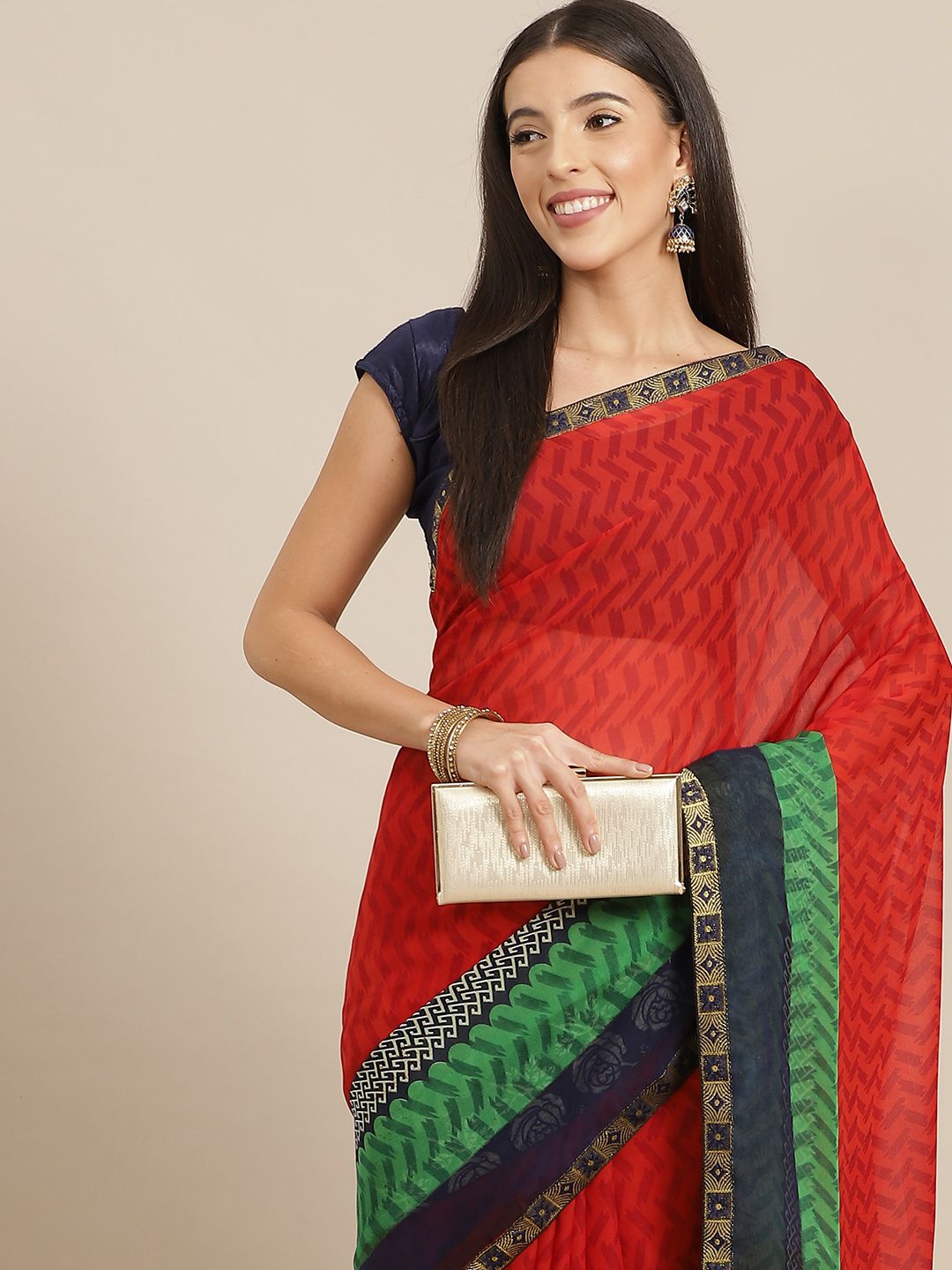 Anouk Red & Navy Blue Printed Poly Georgette Bhagalpuri Saree