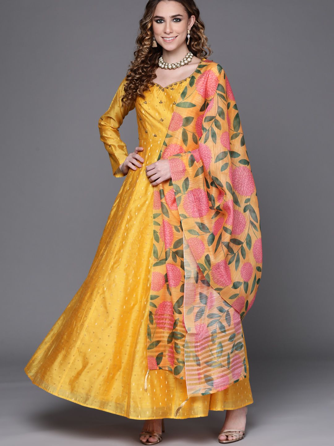 Women Yellow Yoke Design Anarkali Kurta with Floral Printed Dupatta Price in India