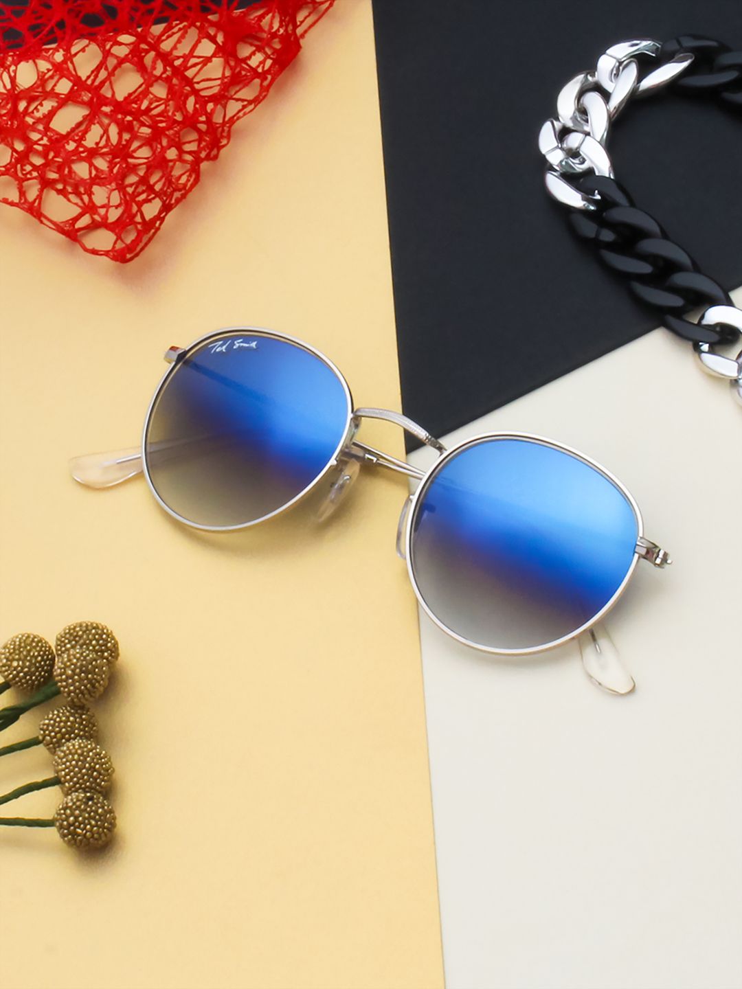 Ted Smith Unisex Blue Lens & Silver-Toned Round Sunglasses LMOON_C17