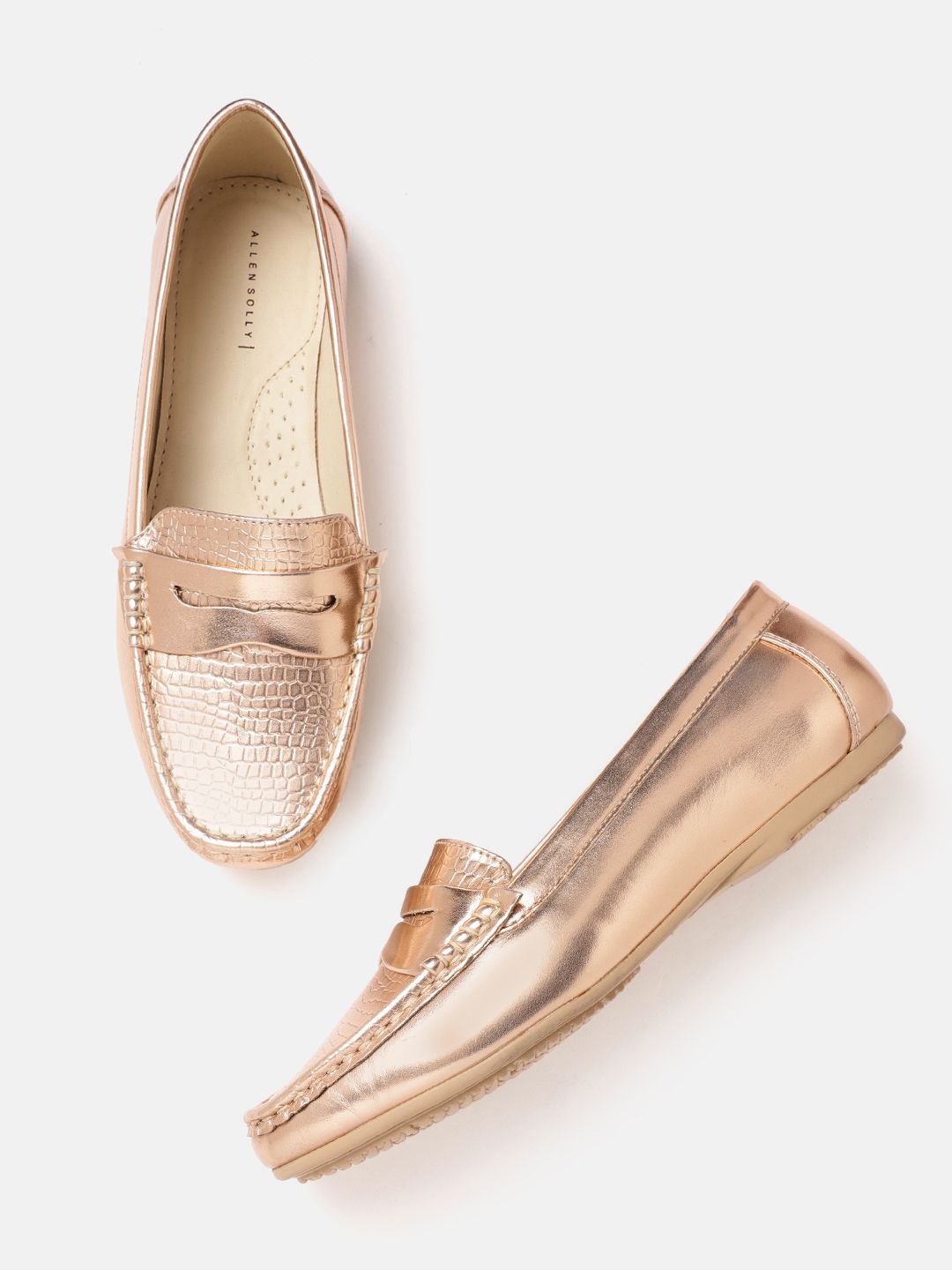 Allen Solly Women Rose Gold Textured PU Penny Loafers Price in India