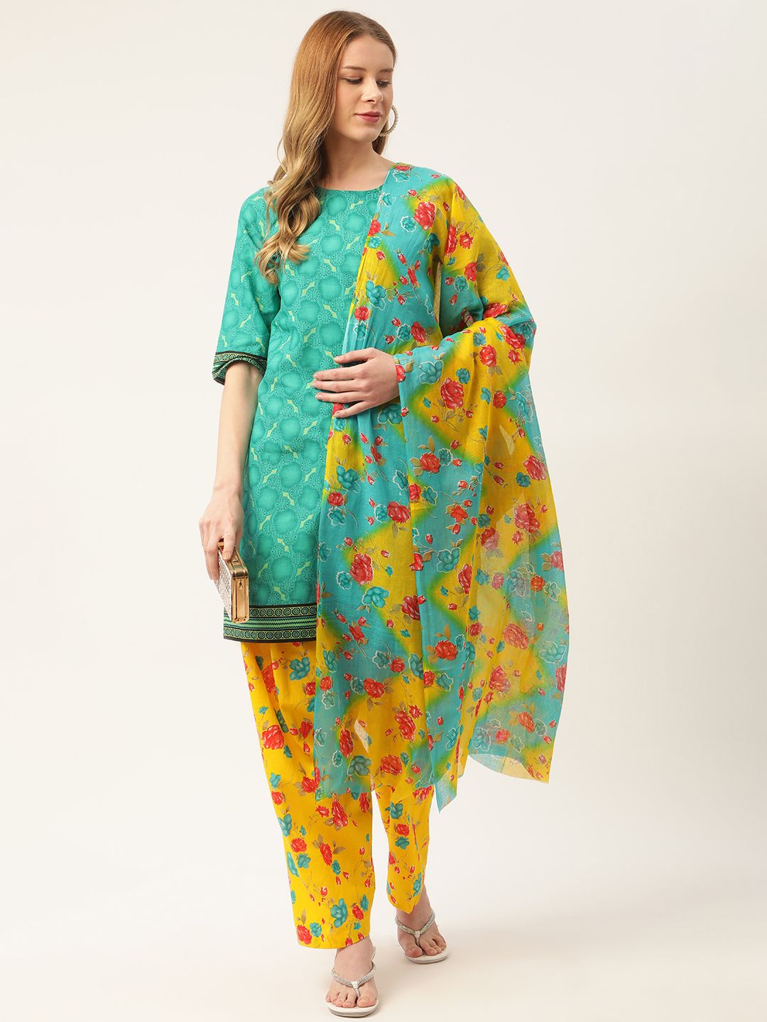 PIRKO Green & Yellow Printed Pure Cotton Unstitched Dress Material Price in India