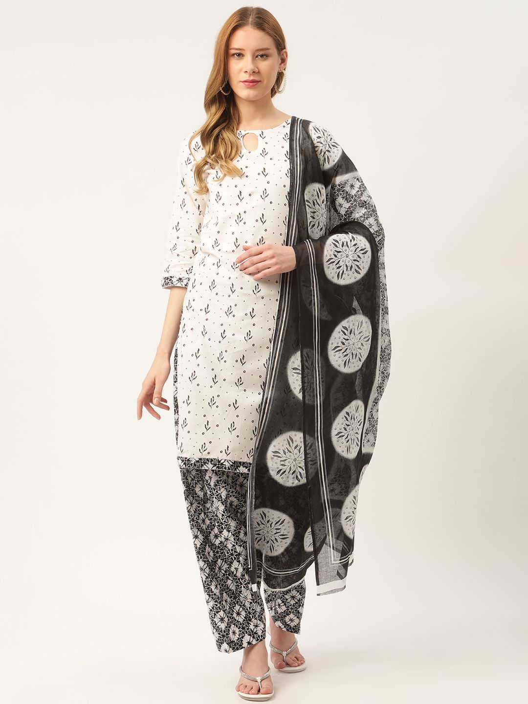 PIRKO White & Black Printed Pure Cotton Unstitched Dress Material Price in India