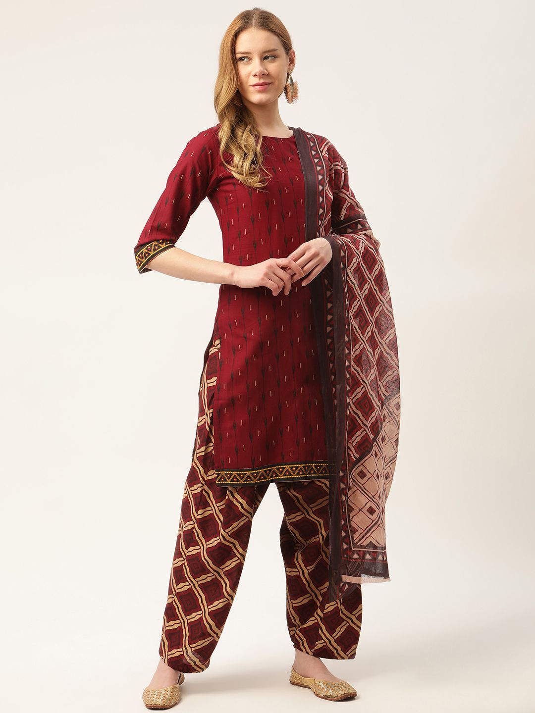 PIRKO Maroon & Cream-Coloured Printed Pure Cotton Unstitched Dress Material Price in India