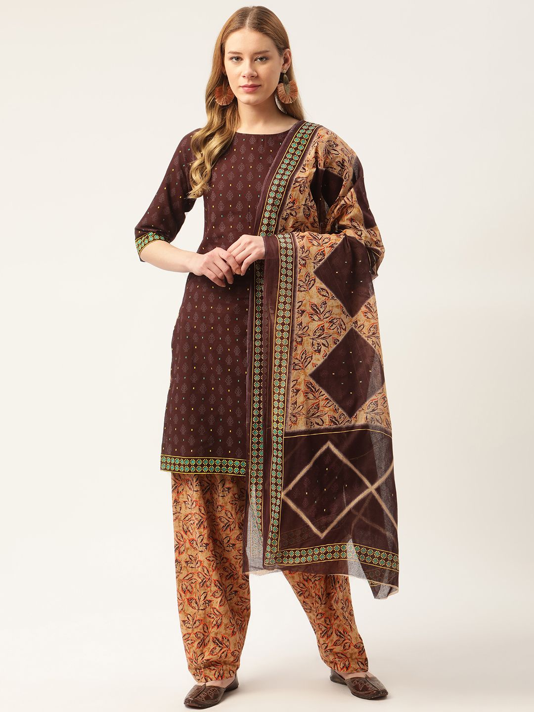 PIRKO Brown & Orange Printed Pure Cotton Unstitched Dress Material Price in India