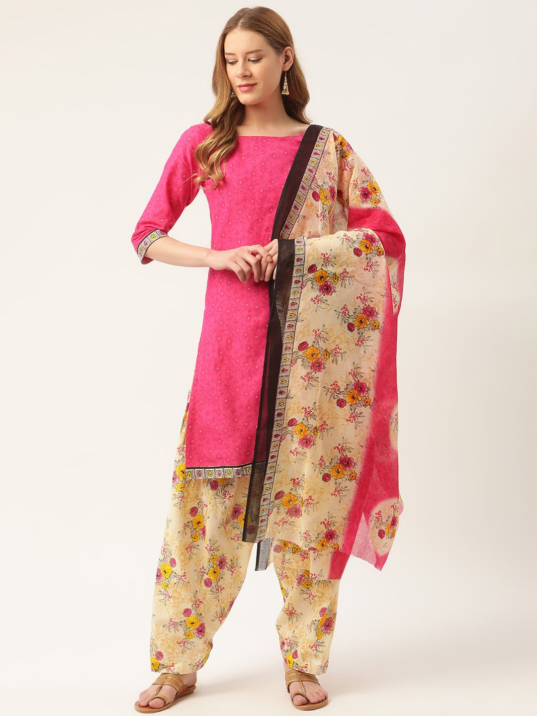 PIRKO Pink & Off White Printed Pure Cotton Unstitched Dress Material Price in India