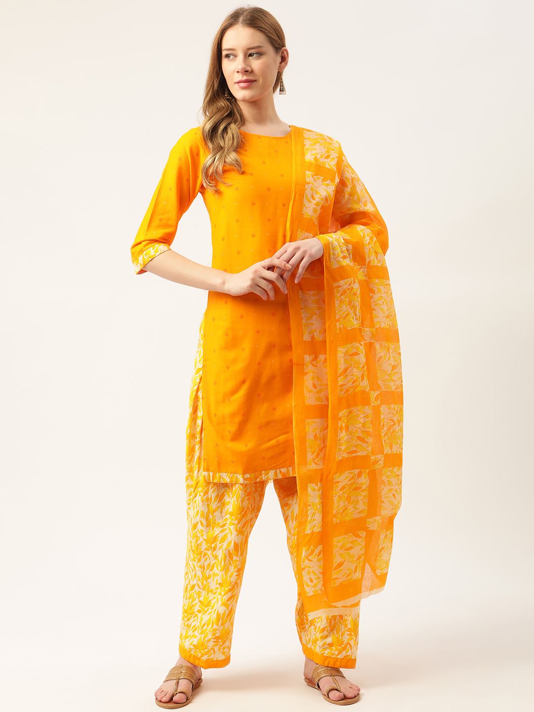 PIRKO Orange & White Printed Pure Cotton Unstitched Dress Material Price in India