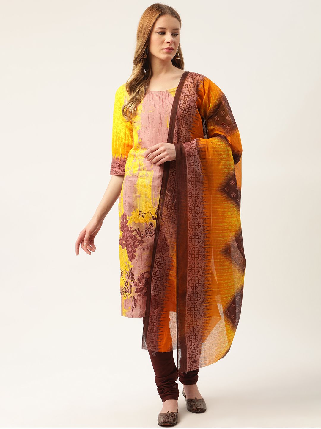 PIRKO Brown & Yellow Printed Pure Cotton Unstitched Dress Material Price in India