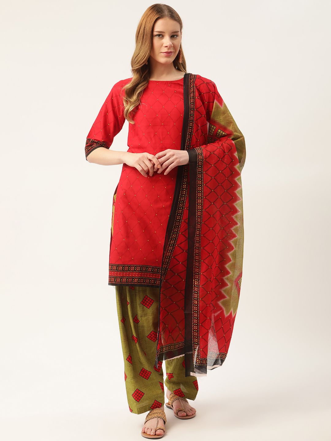 PIRKO Red & Green Printed Pure Cotton Unstitched Dress Material Price in India