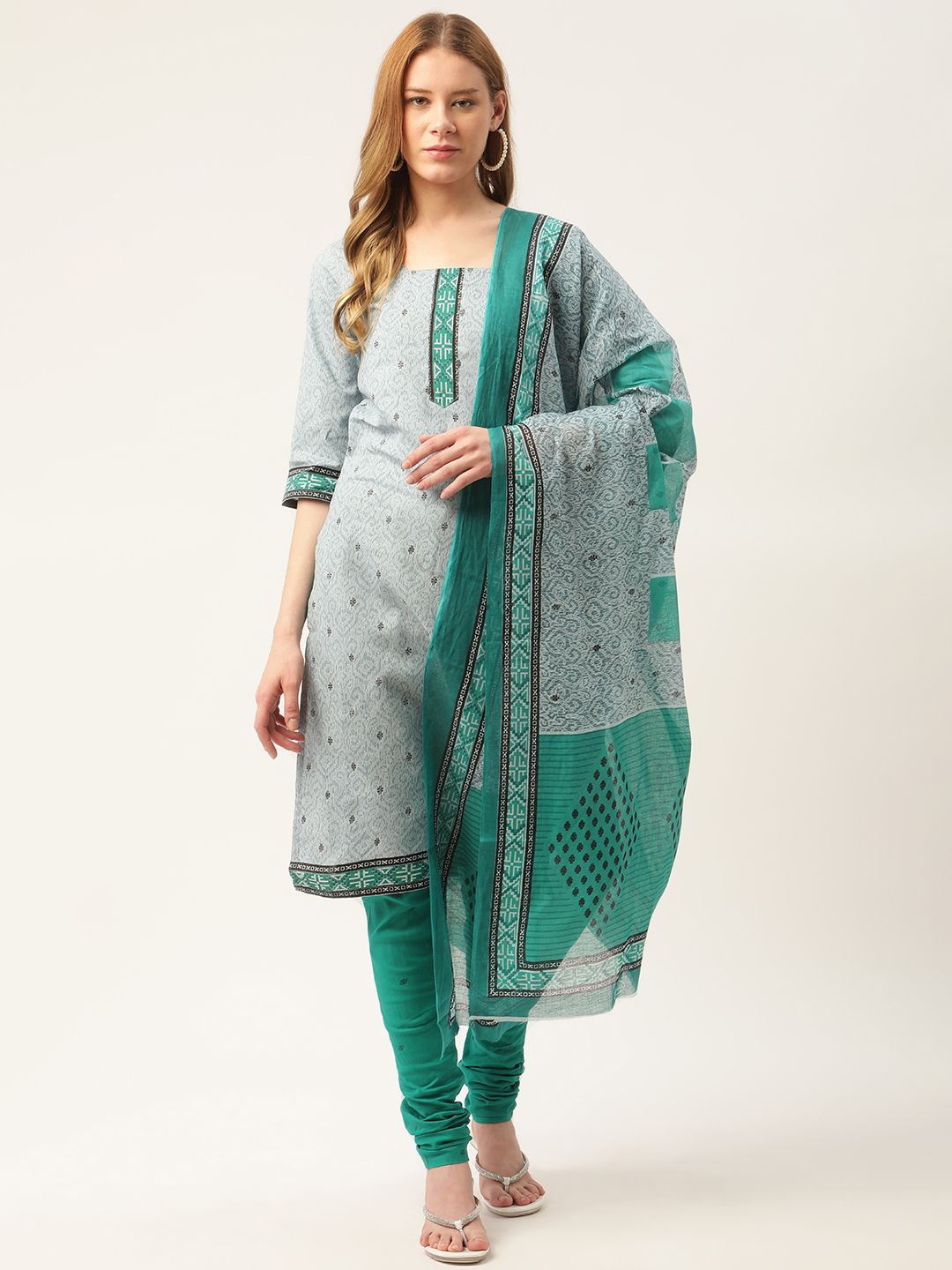 PIRKO Blue & Green Printed Pure Cotton Unstitched Dress Material Price in India