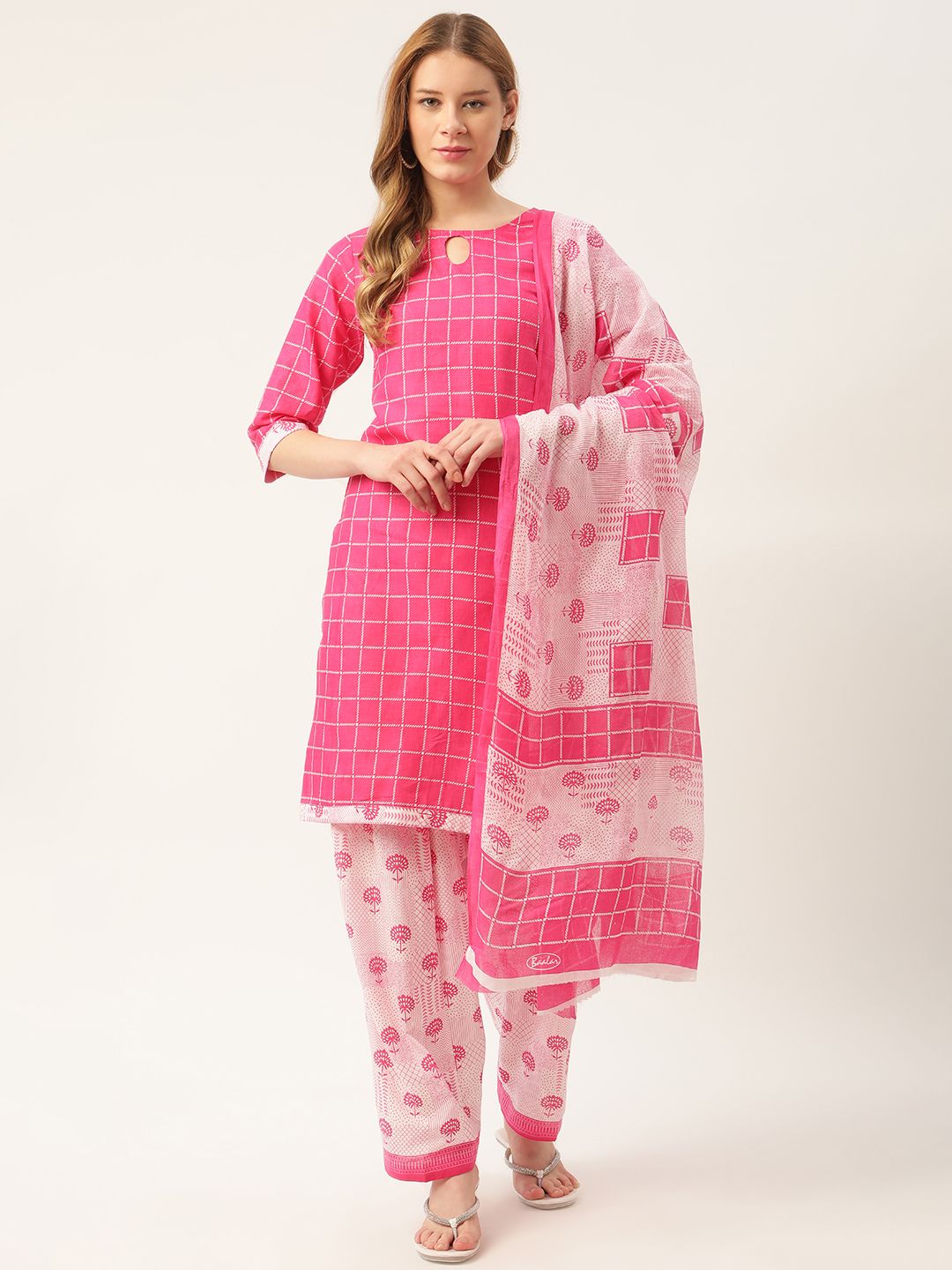 PIRKO Pink & Off White Printed Pure Cotton Unstitched Dress Material Price in India
