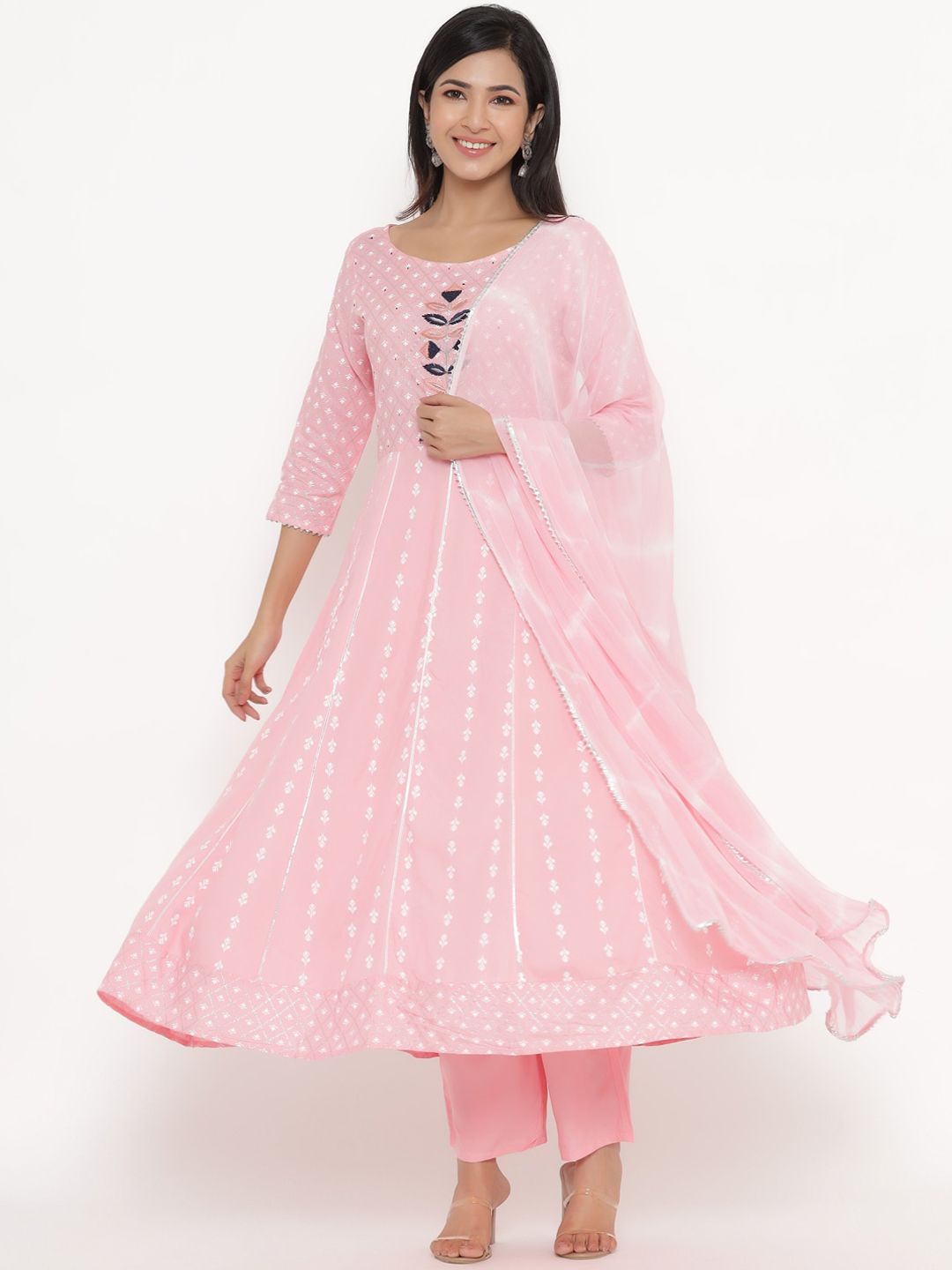 UNISETS Women Pink Ethnic Motifs Printed Empire Kurta with Trousers & With Dupatta Price in India