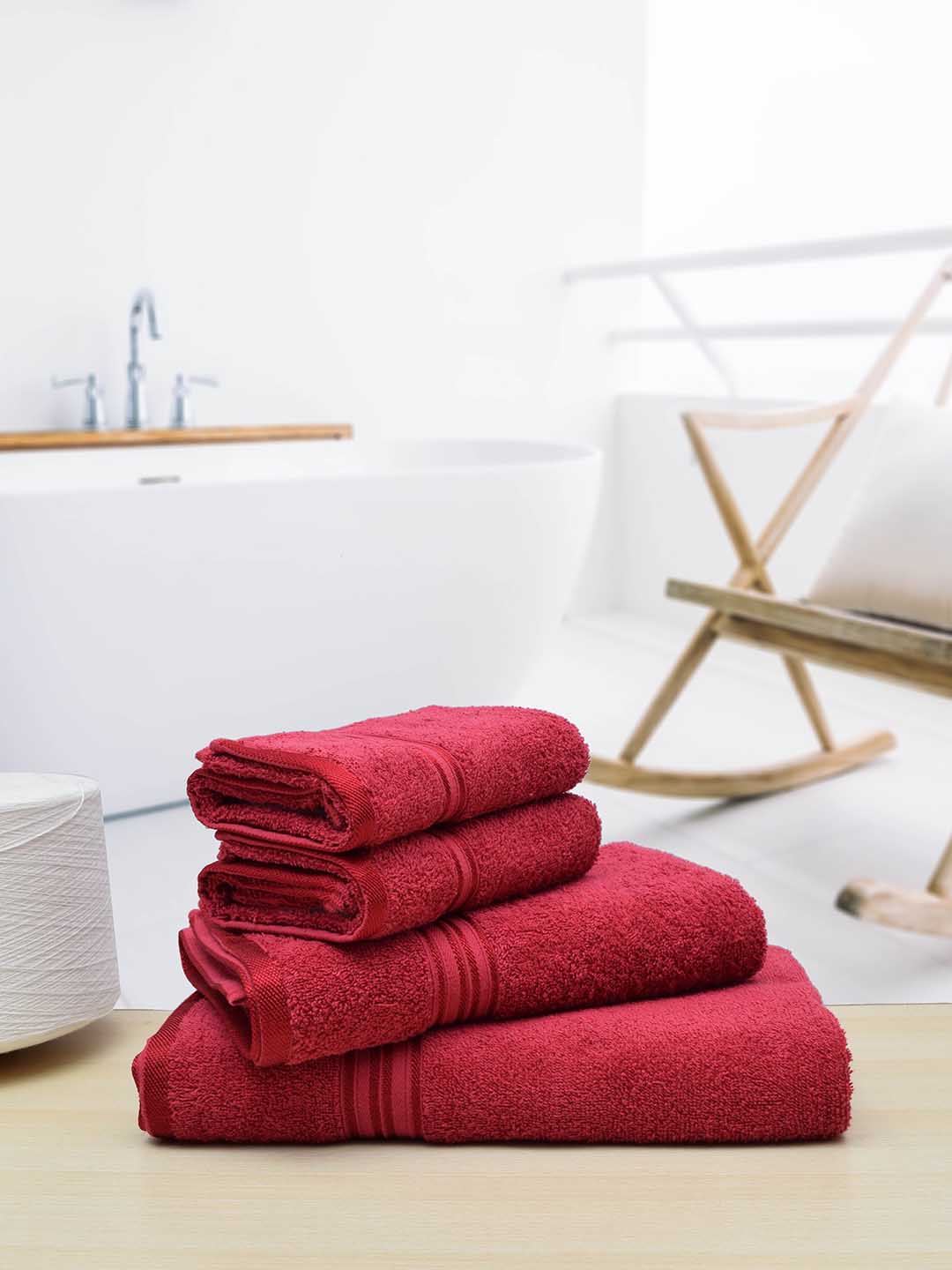 RANGOLI Set Of 4 Fuchsia Red Pure Cotton 380 GSM Bath Towels Price in India