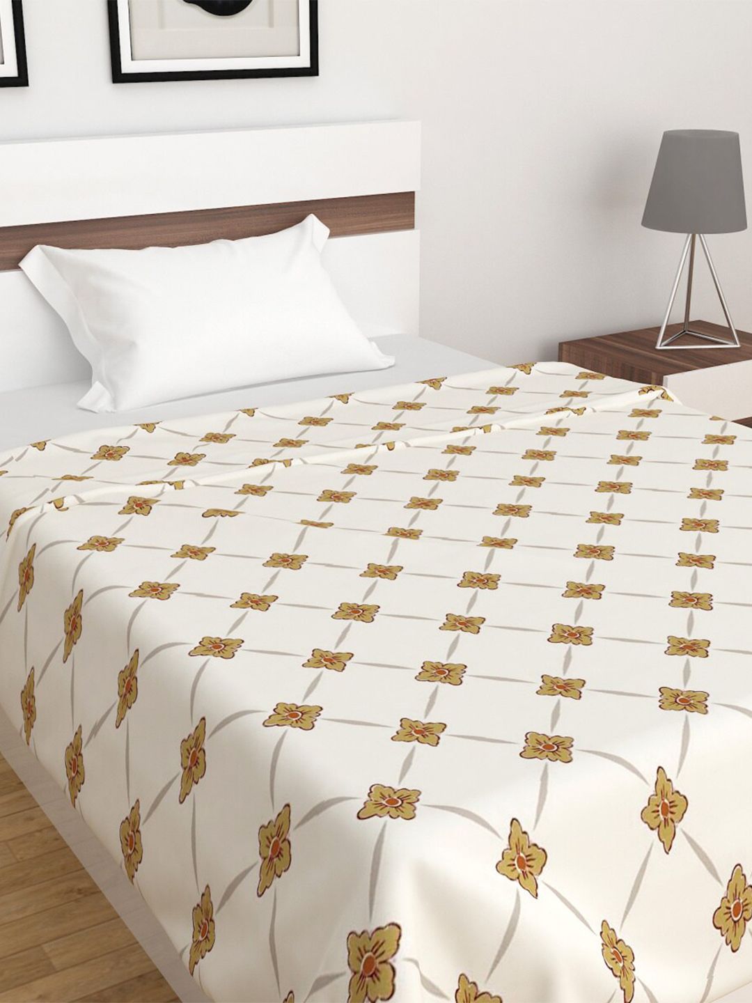 Home Centre Off White & Beige Floral Printed Mild Winter 150 GSM Single Bed Blanket Price in India