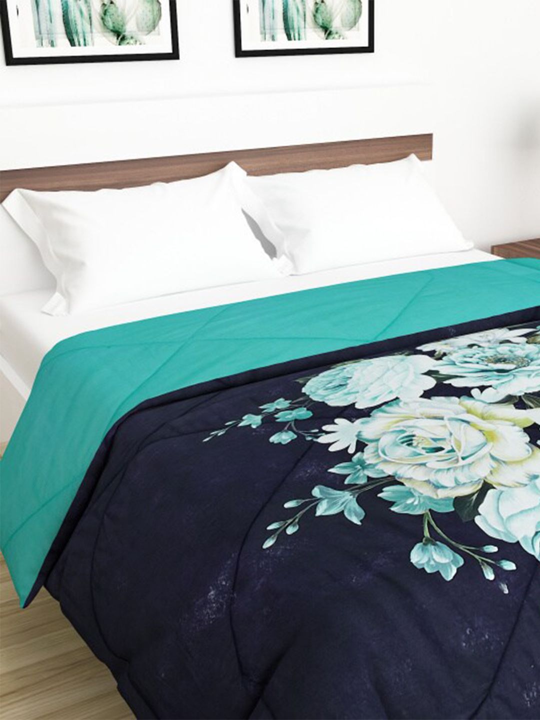 Home Centre Teal & Navy Blue Floral Printed Mild Winter 120 GSM Double Bed Comforter Price in India