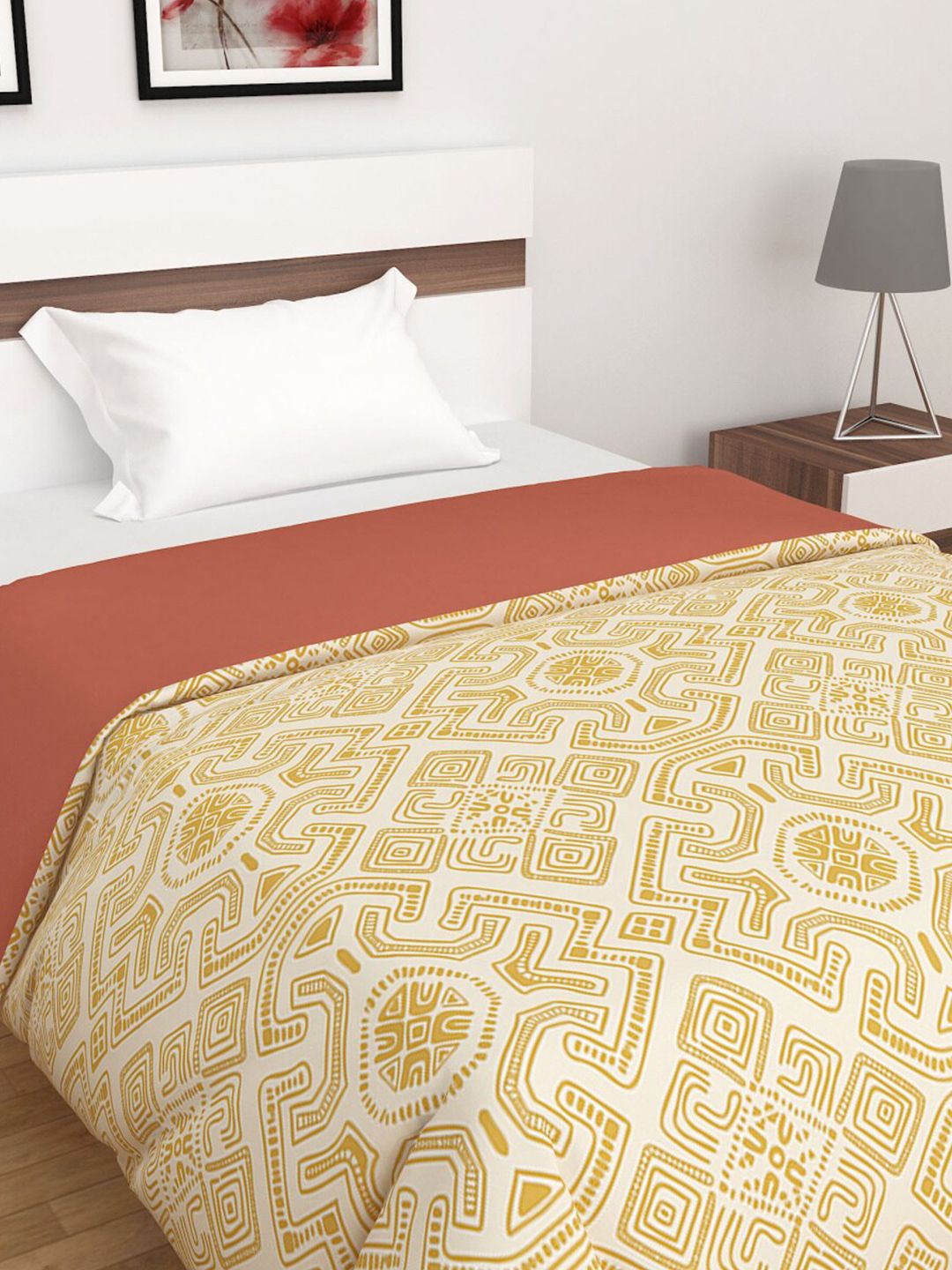 Home Centre Yellow & Coral Ethnic Motifs Mild Winter 150 GSM Single Bed Comforter Price in India