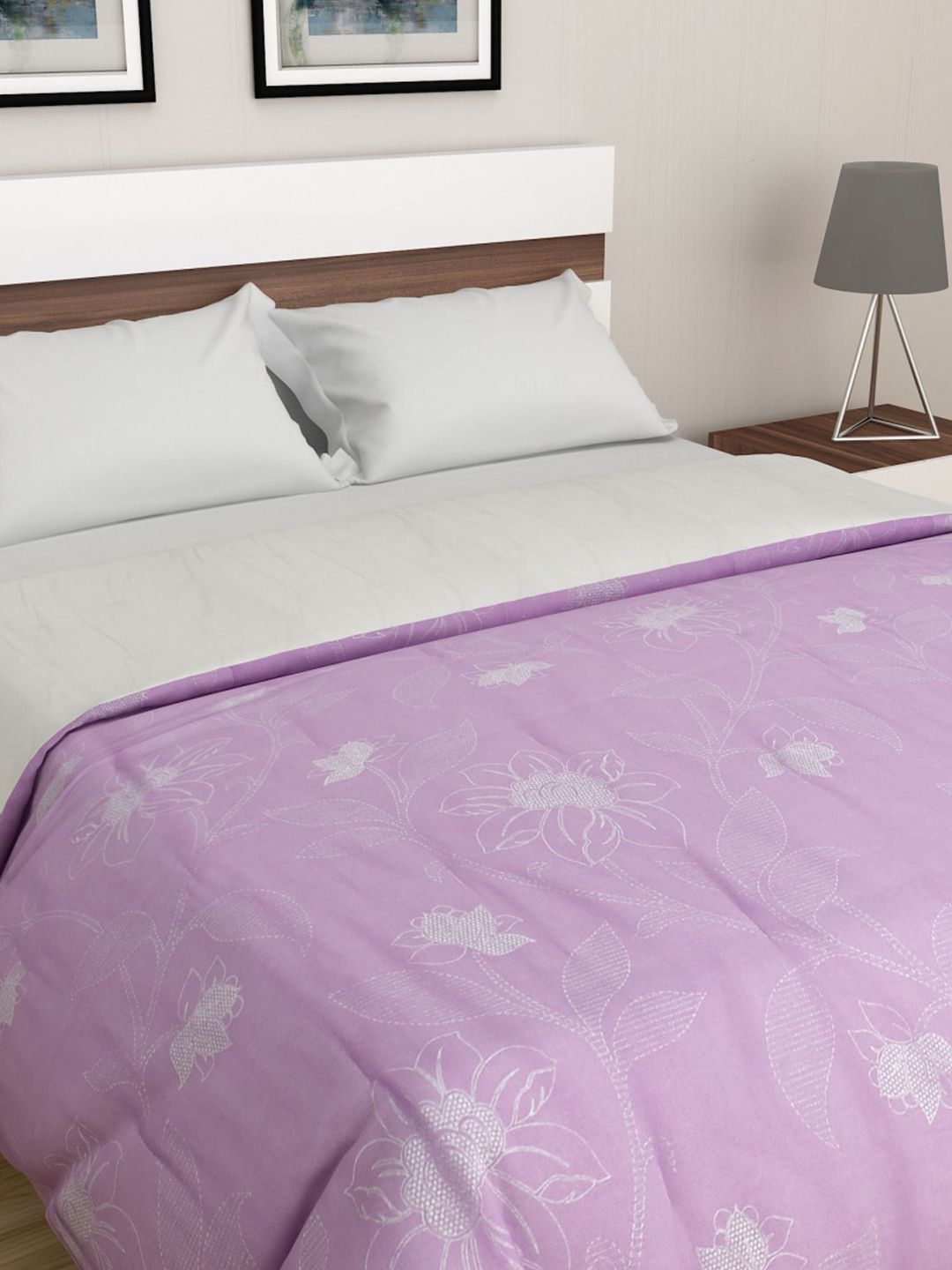 Home Centre Purple & White Floral Printed Mild Winter 150 GSM Double Bed Comforter Price in India