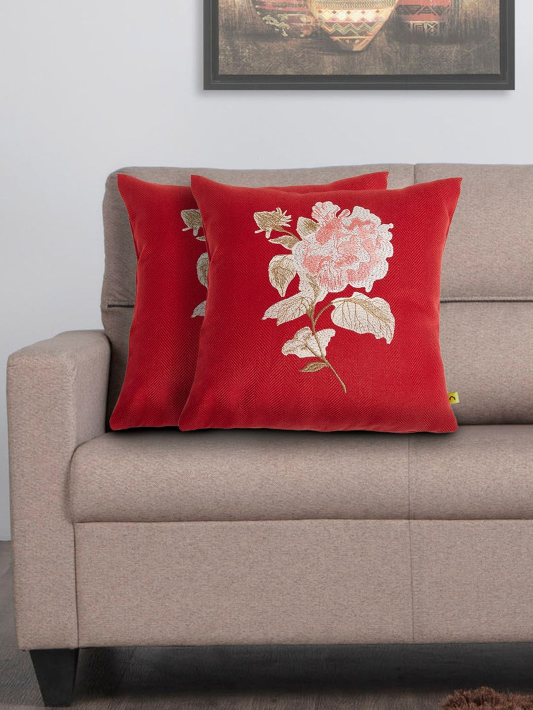 Home Centre Set Of 2 Red Floral Embroidered Square Cushion Covers Price in India