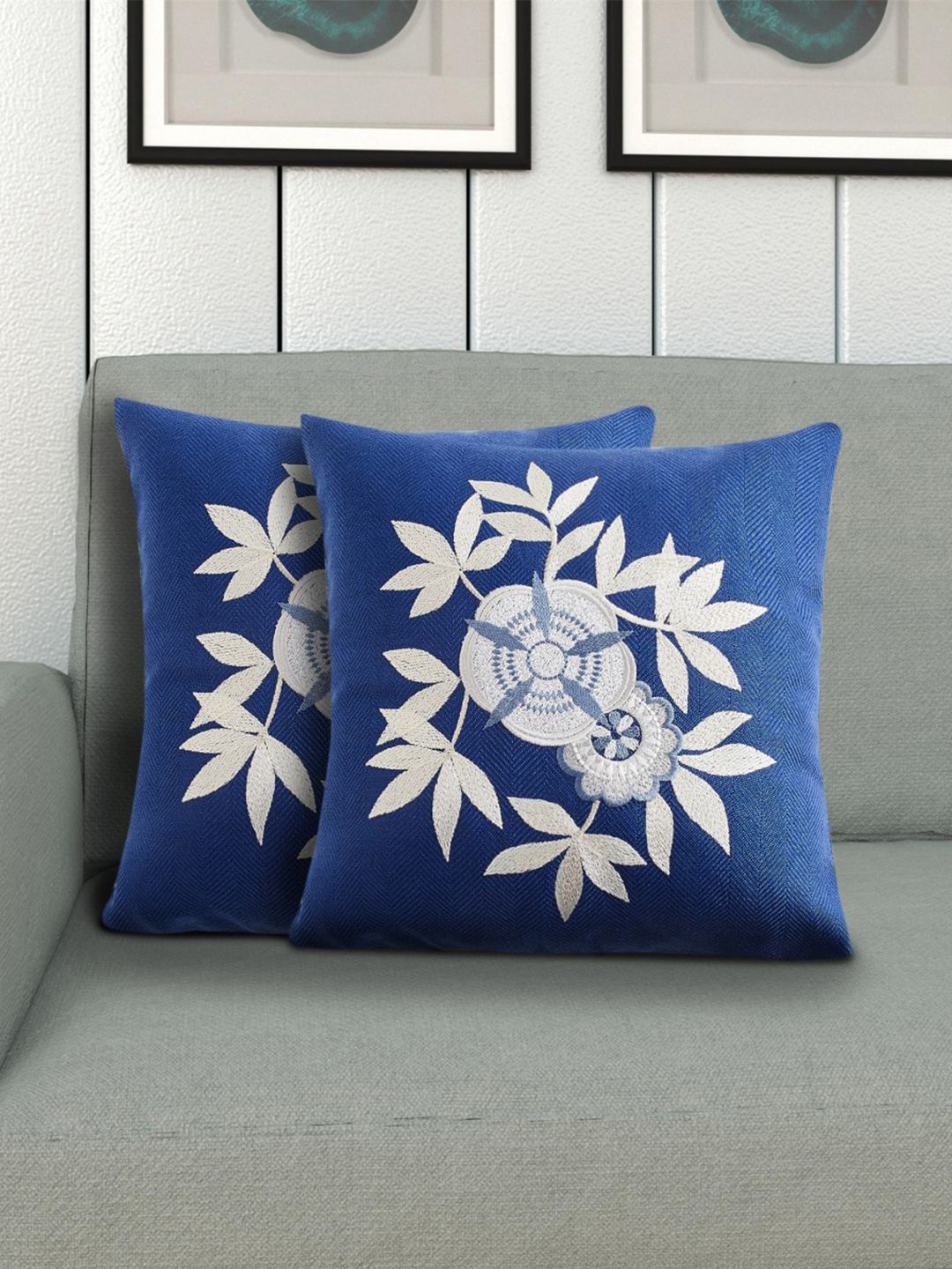 Home Centre Set of 2 Blue Embroidered Square Cushion Cover Price in India