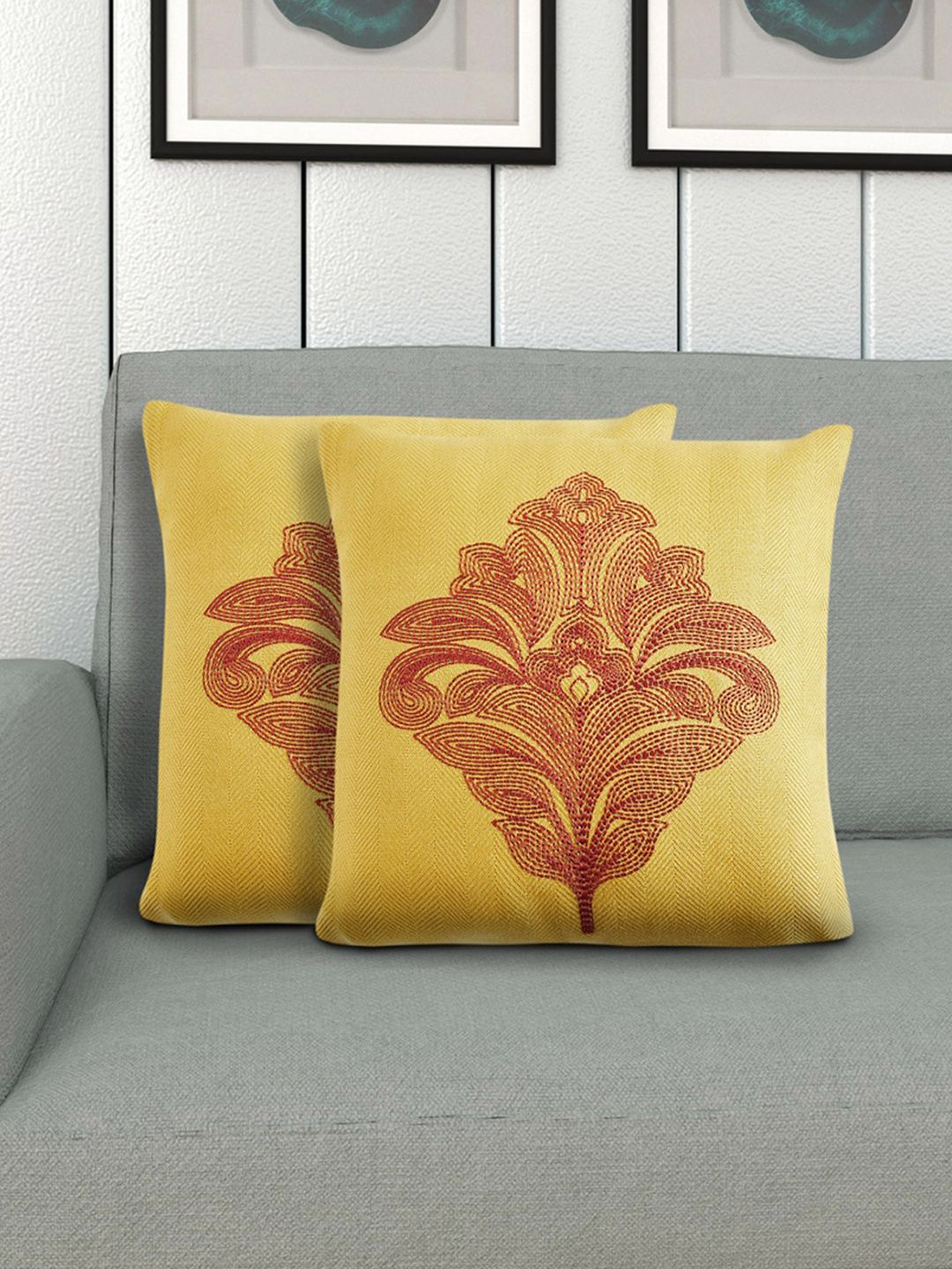 Home Centre Set of 2 Yellow & Red Ethnic Motifs Printed Square Cushion Covers Price in India