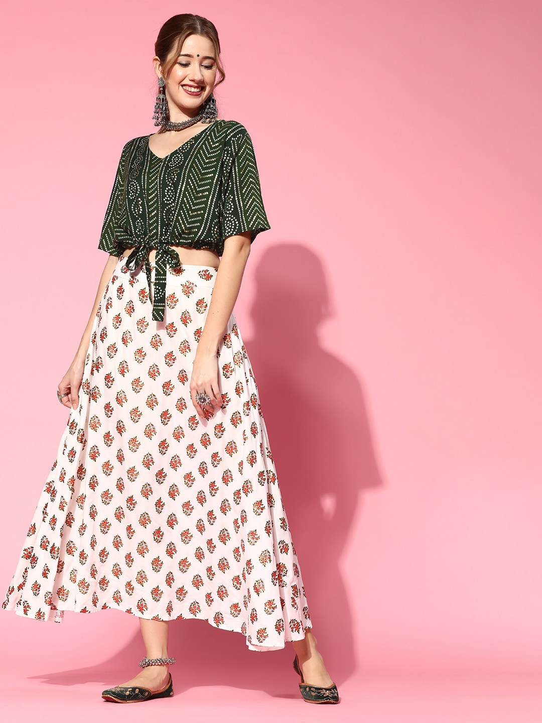 InWeave Women Gorgeous Green Printed Top with Printed Skirt Price in India