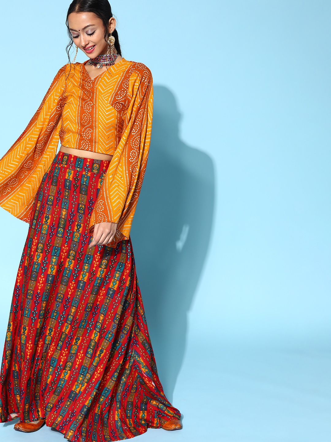 InWeave Women Bright Orange Printed Top with Skirt