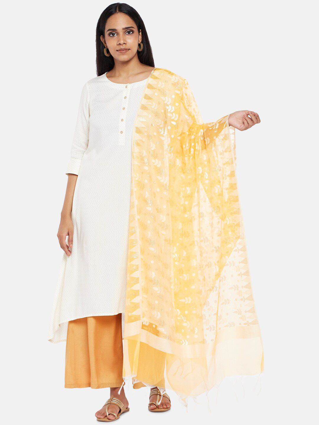 RANGMANCH BY PANTALOONS Women Yellow & White Woven Design Pure Silk Dupatta Price in India
