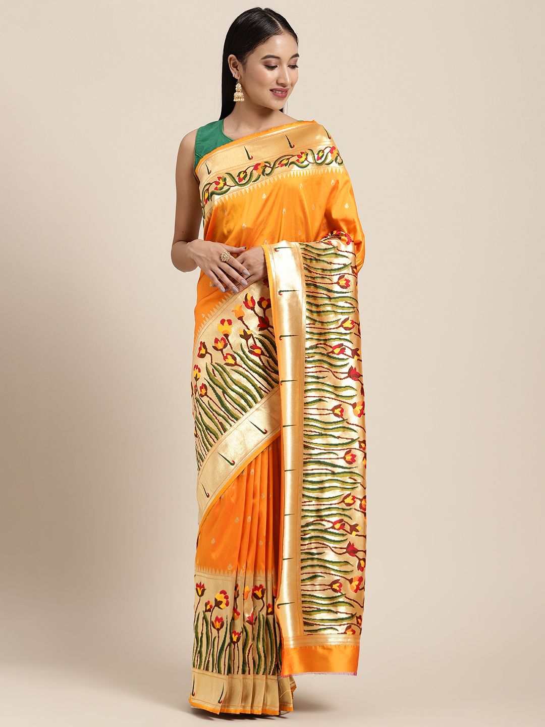 Neerus Mustard Yellow Floral Zari Pure Silk Saree Price in India