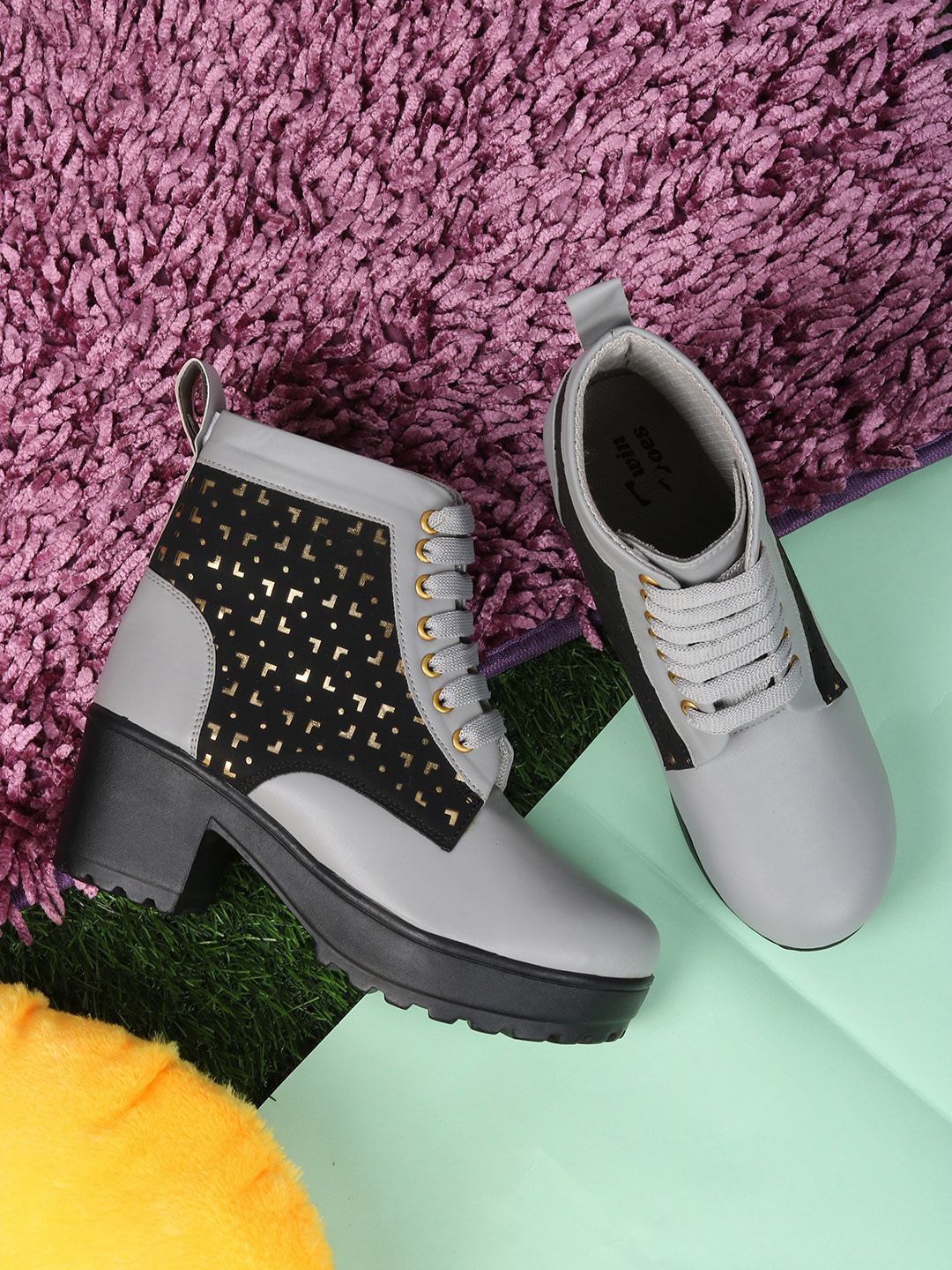 TWIN TOES Women Grey & Black Colourblocked Block Heeled Boots with Laser Cuts Price in India