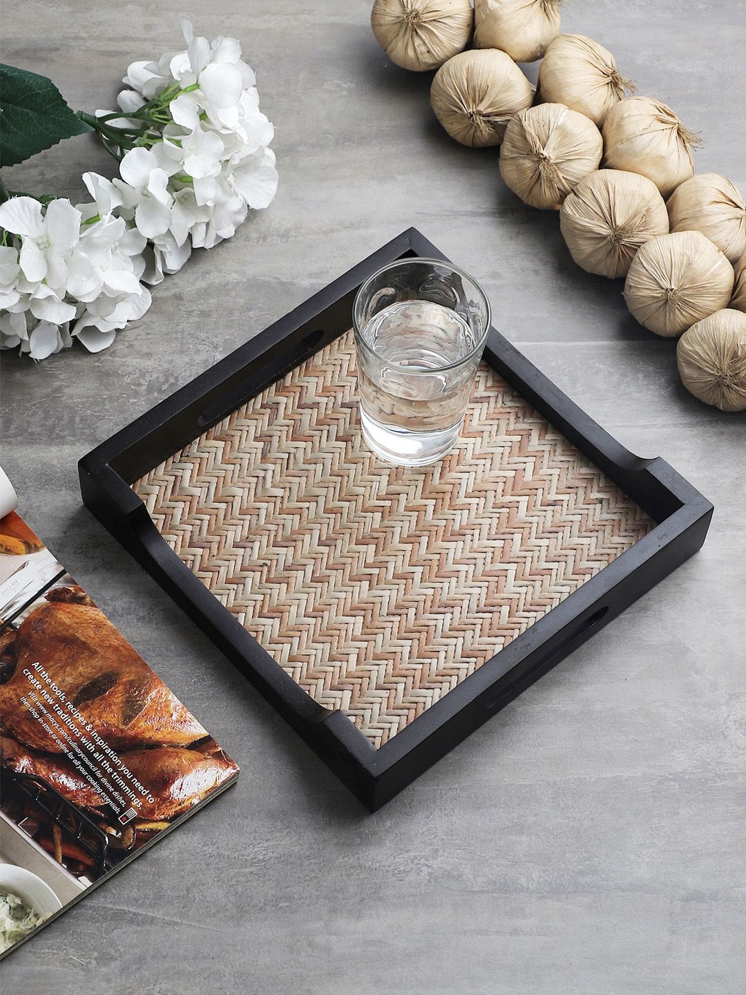 VarEesha Brown & Beige Bamboo Woven Square Wooden Tray Price in India