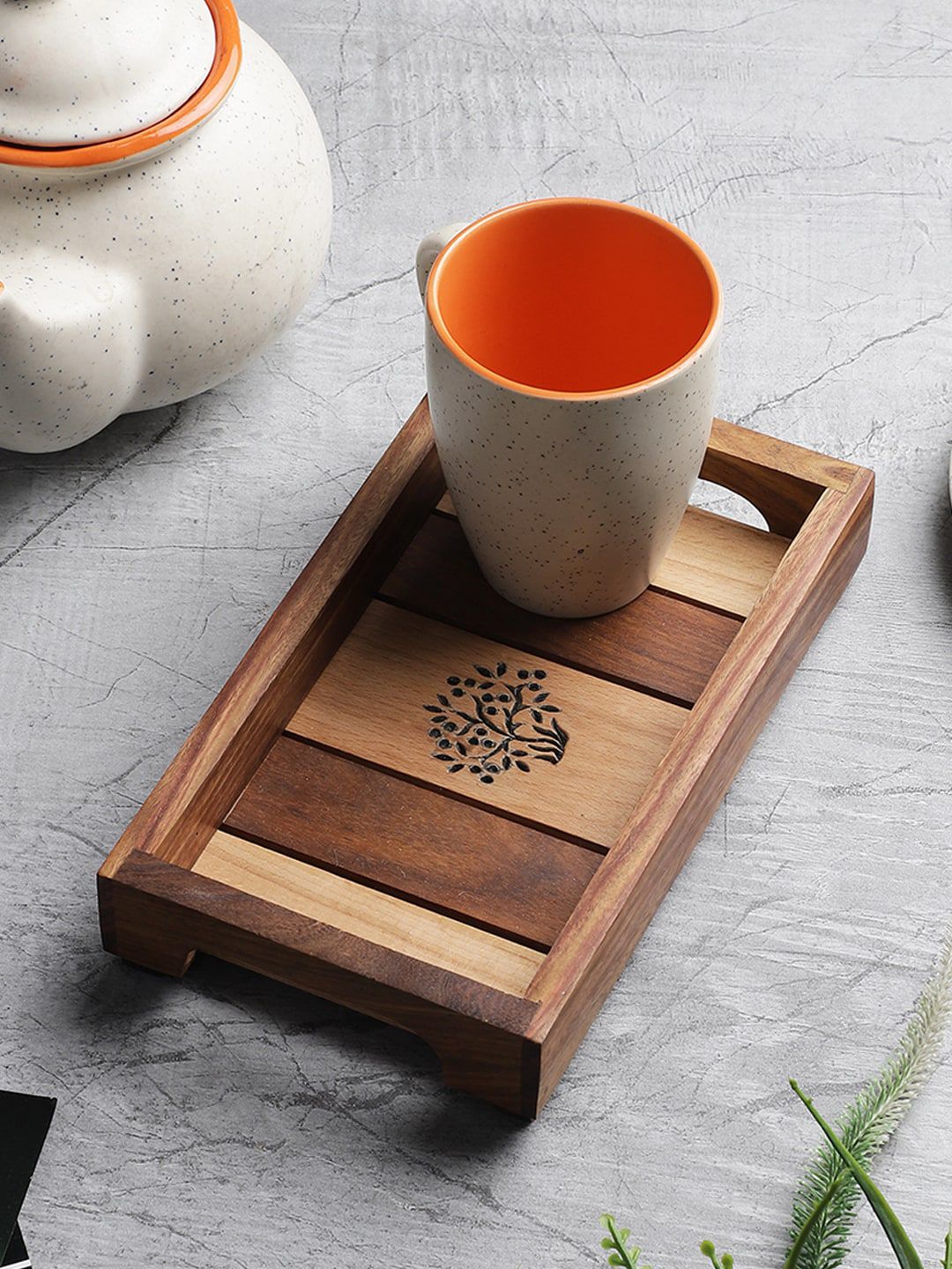 VarEesha Beige & Brown Tree of Life Sheesham & Beech Wood Small Serving Tray Price in India