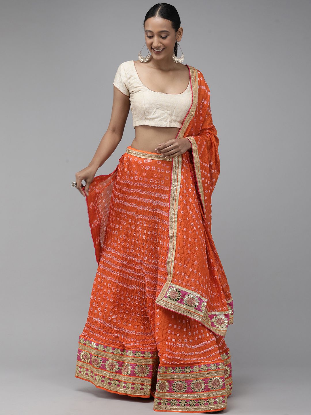 Geroo Jaipur Orange Patchwork Ready to Wear Lehenga & Unstitched Blouse With Dupatta Price in India
