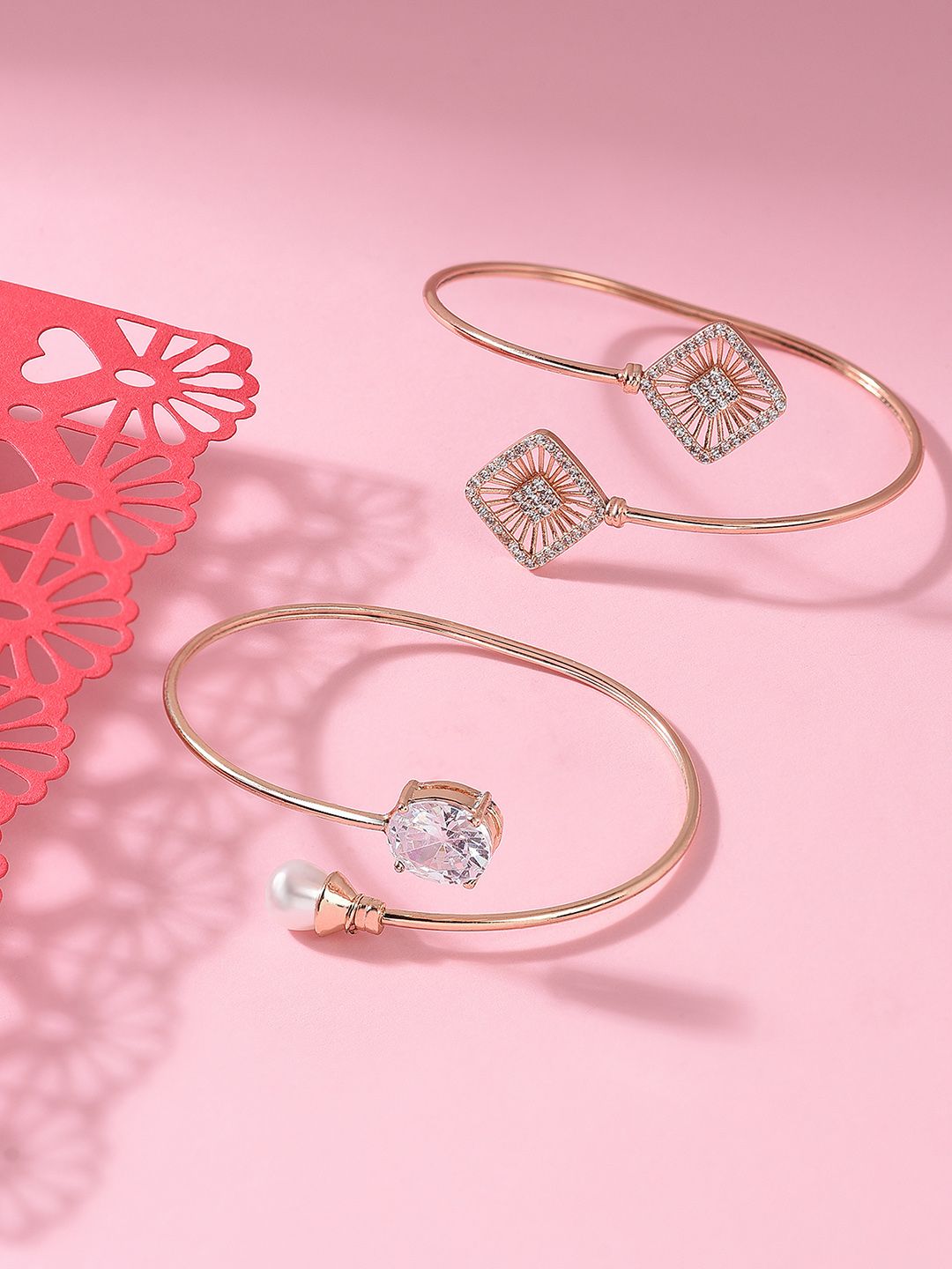 Zaveri Pearls Women Set Of 2 Rose Gold Brass Cubic Zirconia Kada Bracelet Price in India