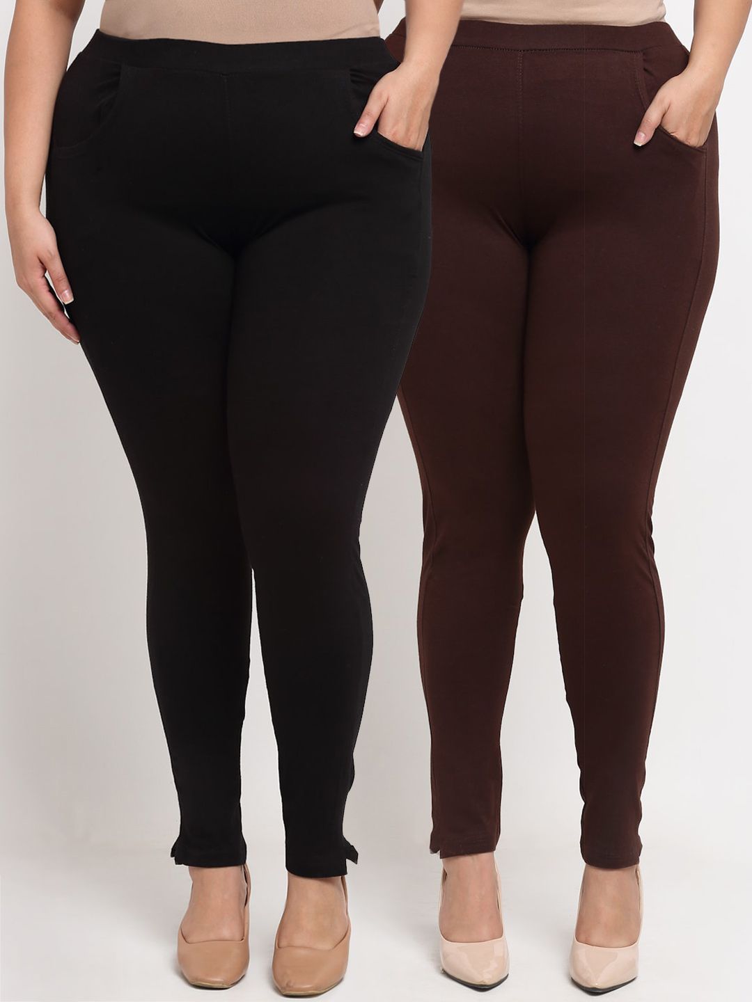 KLOTTHE Women Plus Size Pack of 2 Black & Brown Solid Leggings Price in India