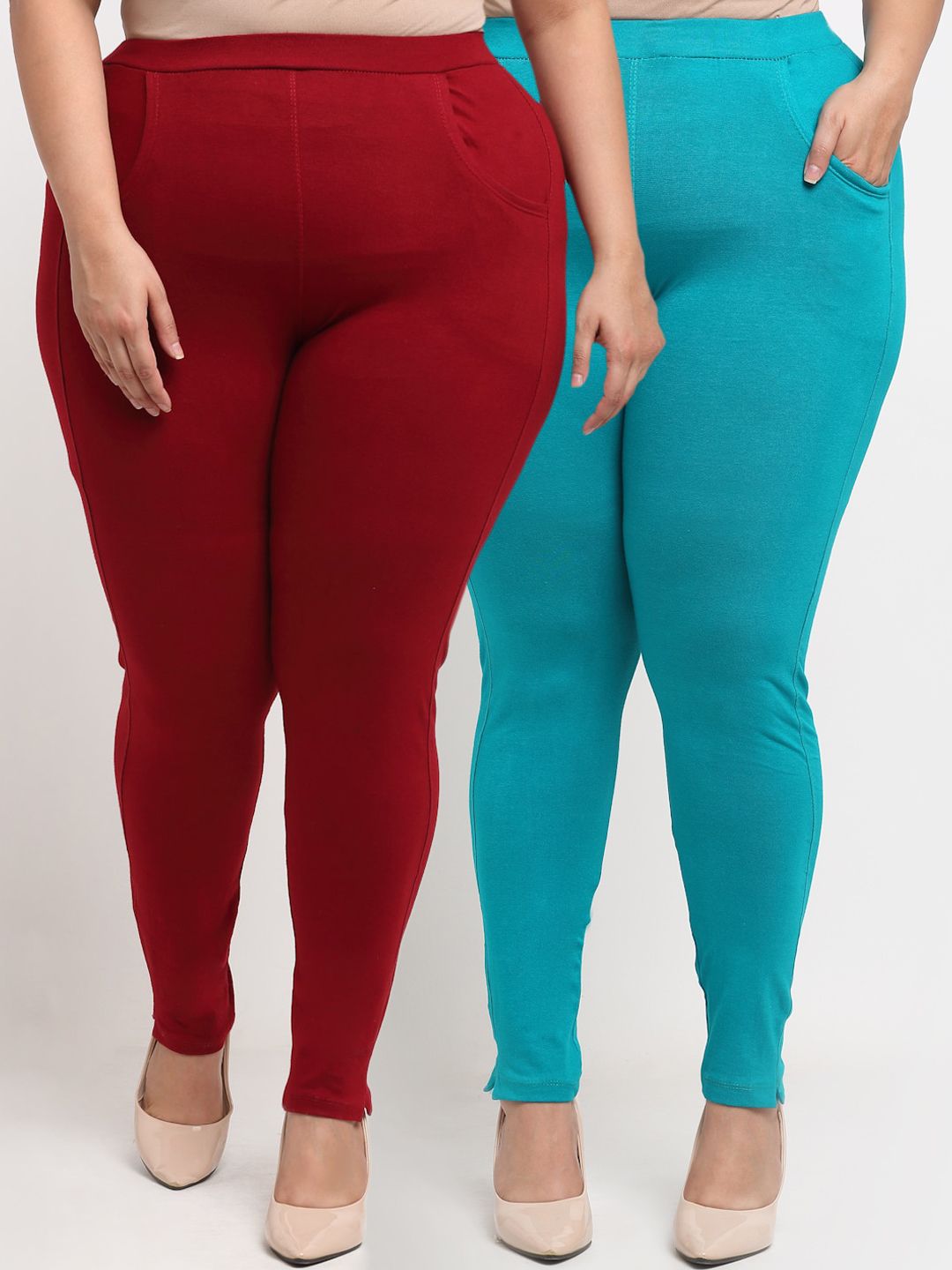 TAG 7 PLUS Maroon & Blue Pack of 2 Plus Size Leggings Price in India